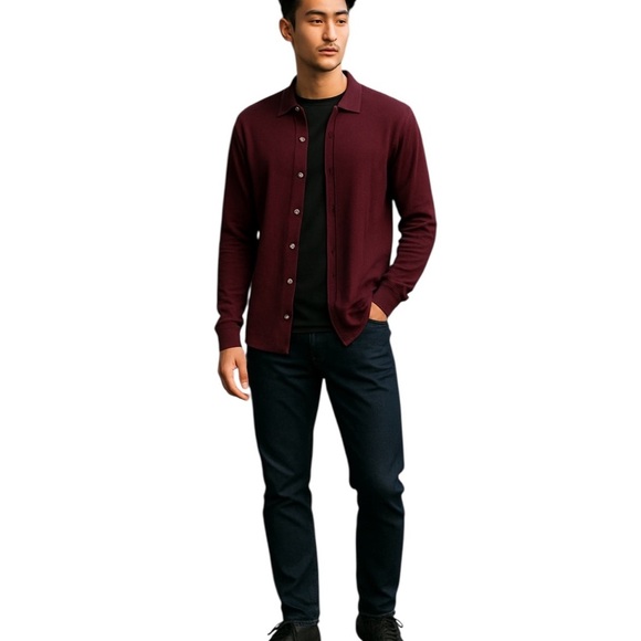 John Varvatos Luxe Wool Button Front Collared Sweater Cardigan Burgundy Size L - Picture 4 of 10